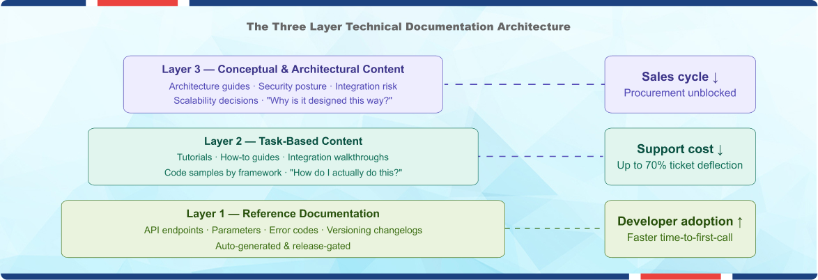 Software technical writing and documentation architecture chart showing three content layers.