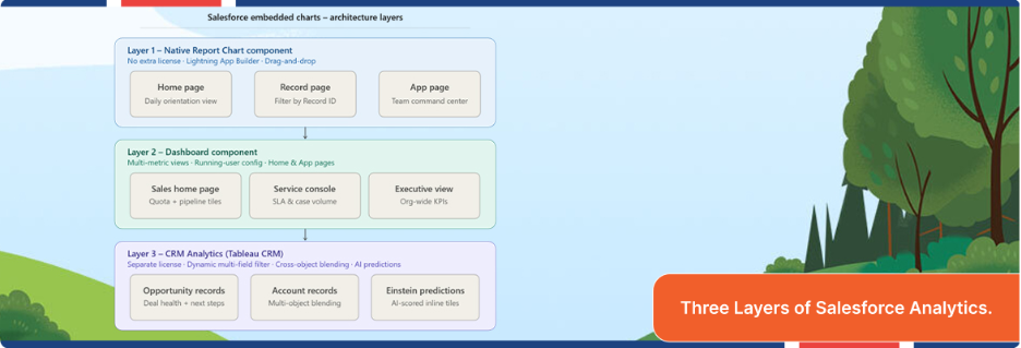Salesforce report charts visualizing sales trends, KPI performance, and marketing insights.