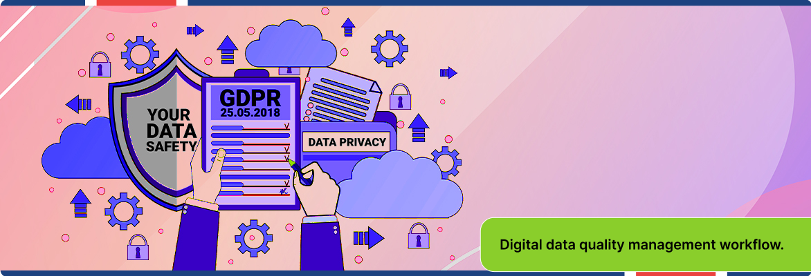 Digital data quality management workflow with cloud security and data verification tools.