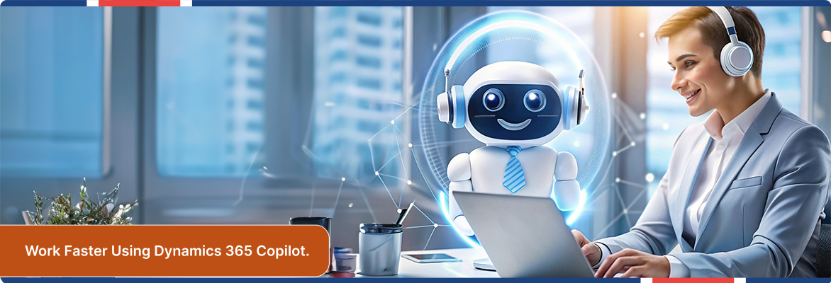 Business professional collaborating with Dynamics 365 Copilot AI to improve workplace productivity.