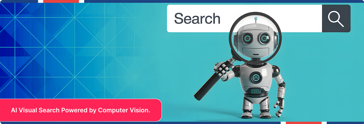 AI robot holding a magnifying glass to represent AI visual search.