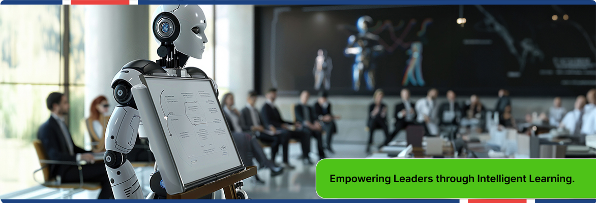 AI in executive education visual showing an intelligent robot teaching executives with a smart presentation board.