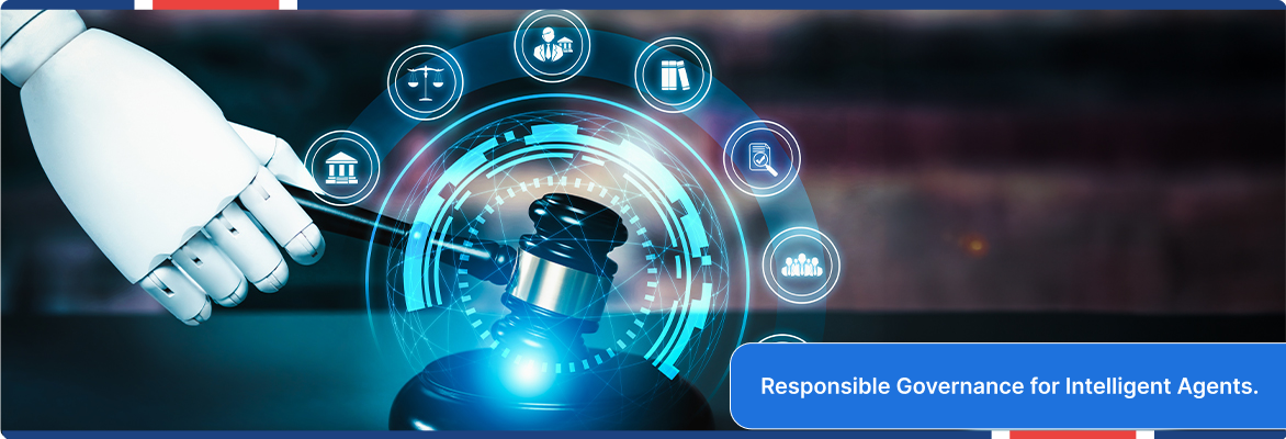 Agentic AI governance with robotic automation supporting legal oversight and compliance.