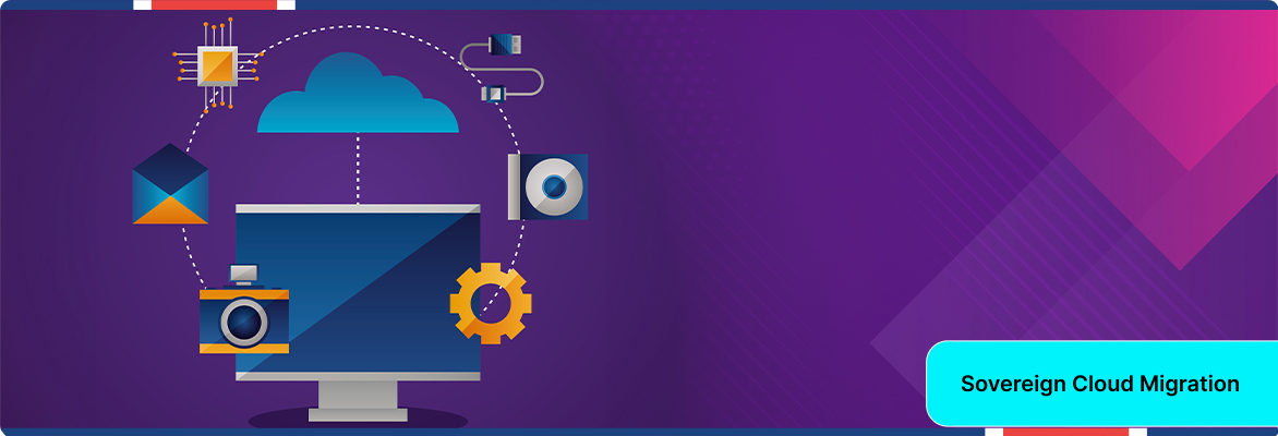 Sovereign cloud migration concept showing cloud infrastructure, connected devices, and data systems for secure workload migration.