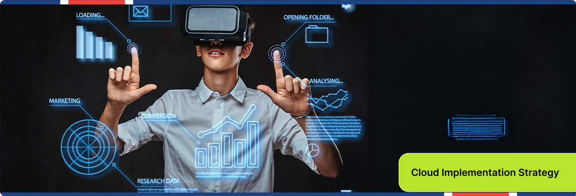  Professional using virtual reality technology to visualize cloud implementation, business analytics, and digital transformation data.