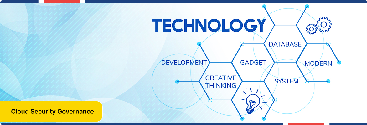Cloud governance technology illustration showing interconnected systems, databases, development, and digital security concepts.