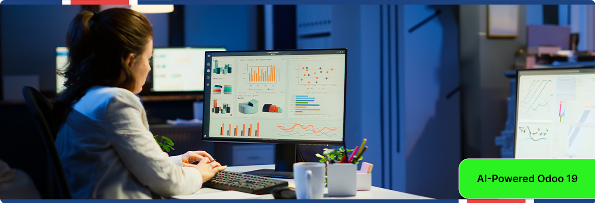 AI-powered Odoo 19 ERP dashboard showing business analytics, charts, and intelligent data insights.