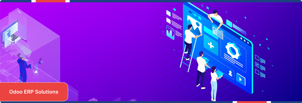 Illustration of Odoo ERP solutions with professionals managing digital business applications and workflows.