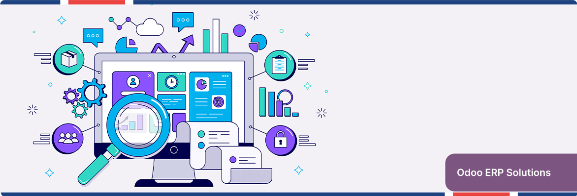 Odoo ERP solutions illustration featuring business dashboards, data analytics, workflow management, and system security.